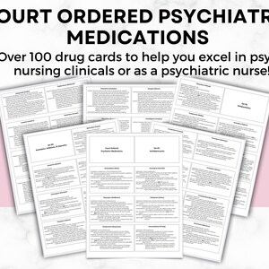 Puede incluir: Un conjunto de tarjetas imprimibles en blanco y negro con el título "Medicamentos psiquiátricos ordenados por la corte". Las tarjetas están organizadas en secciones con encabezados como "Antipsicóticos", "Estabilizadores del estado de ánimo", "Antidepresivos" y "Ansiolíticos".