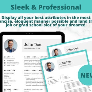 Może przedstawiać: Elegancki i profesjonalny szablon CV o nowoczesnym designie. Szablon zawiera zdjęcie, dane kontaktowe, sekcje dotyczące wykształcenia, doświadczenia zawodowego i umiejętności. Tekst "Nowy" jest wyróżniony w turkusowym kółku.