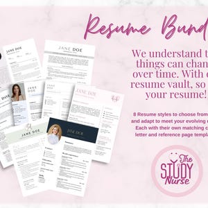 Może przedstawiać: Grafika w kolorze różowym i białym z tekstem "Resume Bundle" w dużym, pogrubionym foncie. Grafika zawiera również tekst "We understand that things can change over time. With our resume vault, so can your resume!" oraz "8 Resume styles to choose from, edit, and adapt to meet your evolving needs! Each with their own matching cover letter and reference page templates!" Grafika zawiera również logo z tekstem "The Study Nurse".