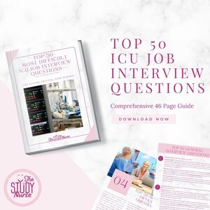 May include: A pink and white ebook cover with the title "Top 50 Most Difficult ICU Job Interview Questions" for future critical care nurses. The cover features a photo of a patient in an ICU bed with medical equipment.
