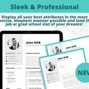 Może przedstawiać: Czarno-biały szablon CV o profesjonalnym designie. Szablon zawiera sekcje na dane kontaktowe, wykształcenie, doświadczenie zawodowe i umiejętności. Szablon zawiera również zdjęcie kandydata. Tekst na szablonie brzmi "Sleek & Professional", "Wyświetl wszystkie swoje najlepsze atrybuty w najbardziej zwięzły i elokwentny sposób i zdobądź pracę lub miejsce w szkole wyższej swoich marzeń!" i "NOWOŚĆ".