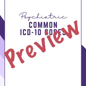 Pode incluir: Um documento branco com o texto "Psychiatric Common ICD-10 Codes" em roxo e uma sobreposição "Preview" vermelha.