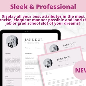Może przedstawiać: Cyfrowy makiet szablonu CV z różowym tłem i tekstem "Sleek & Professional". CV jest dla Jane Doe i zawiera sekcje "About Me", "Experience" i "Skills".