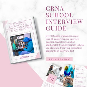 May include: A book titled "Top 60 Most Difficult CRNA School Admissions Interview Questions" with an image of a person in scrubs. The book is part of a "CRNA School Interview Guide" with over 50 pages of guidance.