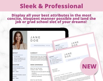May include: A pink and white resume template with the text "Sleek & Professional" at the top. The resume is for Jane Doe and includes sections for contact information, summary, work experience, and education. The template also includes a cover letter template with the text "NEW" in a pink circle.