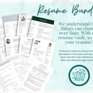 Może przedstawiać: Zbiór 12 różnych szablonów CV, każdy z unikalnym designem. Tekst "Resume Bundle" znajduje się u góry obrazu. Tekst "We understand that things can change over time. With our resume vault, so can your resume!" znajduje się w środku obrazu. Tekst "12 Resume styles to choose from, edit, and adapt to meet your evolving needs! Each with their own matching cover letter and reference page templates!" znajduje się pod tekstem. Tekst "The Study Nurse" znajduje się w zielonym kółku ze stetoskopem i ikoną serca.