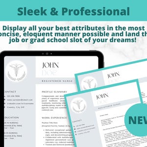 Może przedstawiać: Tablet wyświetlający szablon CV dla zarejestrowanej pielęgniarki. Szablon ma profesjonalny projekt z szarym tłem i srebrnym symbolem medycznym. Tekst "NOWY" jest wyróżniony turkusowym kolorem.
