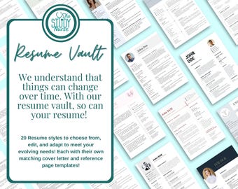 May include: A collection of 20 different resume templates for nurses. The templates are in various styles and colors, with the text "Resume Vault" in a teal box at the top of the image. The text "The Study Nurse" is in a teal circle with a heart icon.