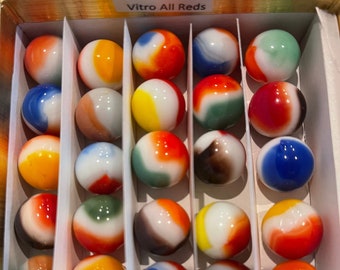 25 Vitro All Reds - Collectible Mixed Color Vintage glass marbles in a gift box