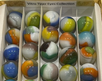 25 Vitro Tiger Eyes - Vintage Rare Collectible Marbles in a gift box