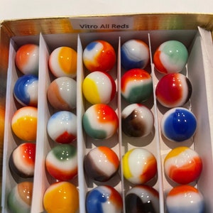 25 Vitro All Reds - Collectible Mixed Color Vintage glass marbles in a gift box