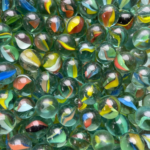 25 Cat's Eyes - Green Coke Bottle Based Glass, Multi-Colored Vanes, Vintage Target Sized Toy Marbles, for décor, crafts or games.