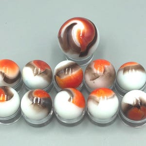 May include: A collection of eleven vintage marbles. Each marble features a white base with swirling patterns of orange, brown, and cream. The marbles are displayed on clear stands against a light gray background.