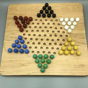 Wood Chinese Checkers Board Plus 60 Mixed Game Marbles - Mixed Color Solid Color Glass Antique and Vintage Target Marbles for Games