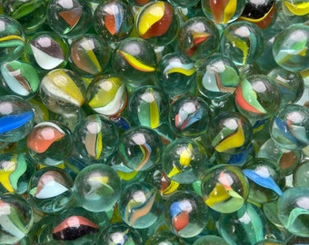 100 Cat's Eyes - Green Coke Bottle Based Glass - Vintage Multi-Colored Vanes - Toy Marbles, for décor, crafts or game play