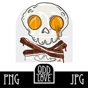 May include: A white egg shaped like a skull with two yellow yolks, crossed with two brown strips of bacon. The text "ODD LOVE" is below the image.