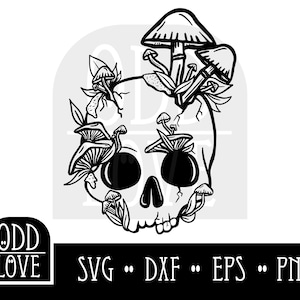 May include: Black and white illustration of a skull with mushrooms growing out of it. The skull has a cracked appearance and the mushrooms are in various shapes and sizes.