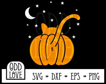 Pode incluir: Gráfico temático de Halloween com uma abóbora laranja e a cauda de um gato. O design inclui uma lua crescente, estrelas, o texto "ODD LOVE" e opções de tipo de arquivo. O fundo é preto.