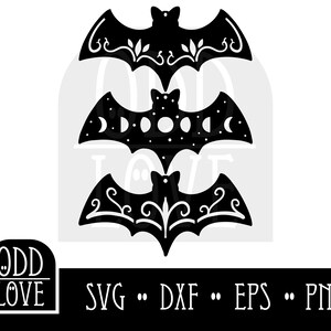 May include: Three black bat silhouettes with different designs. The top bat has a simple floral design, the middle bat has a moon phase design, and the bottom bat has a more intricate floral design.