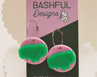 Wombat Earrings, Round Pink Acrylic, Cute Animal Lightweight Jewelry