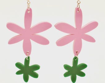 Floral Joy pink and green statement dangle earrings