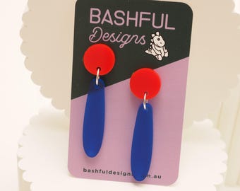 Hello Sailor! blue and red droplet dangle earrings