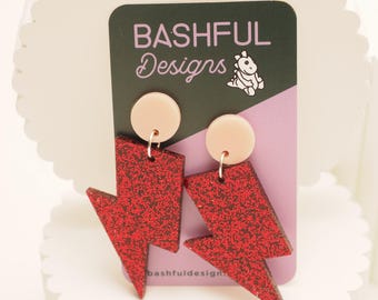 Lightning Bolt Bowie earrings dopamine red glitter