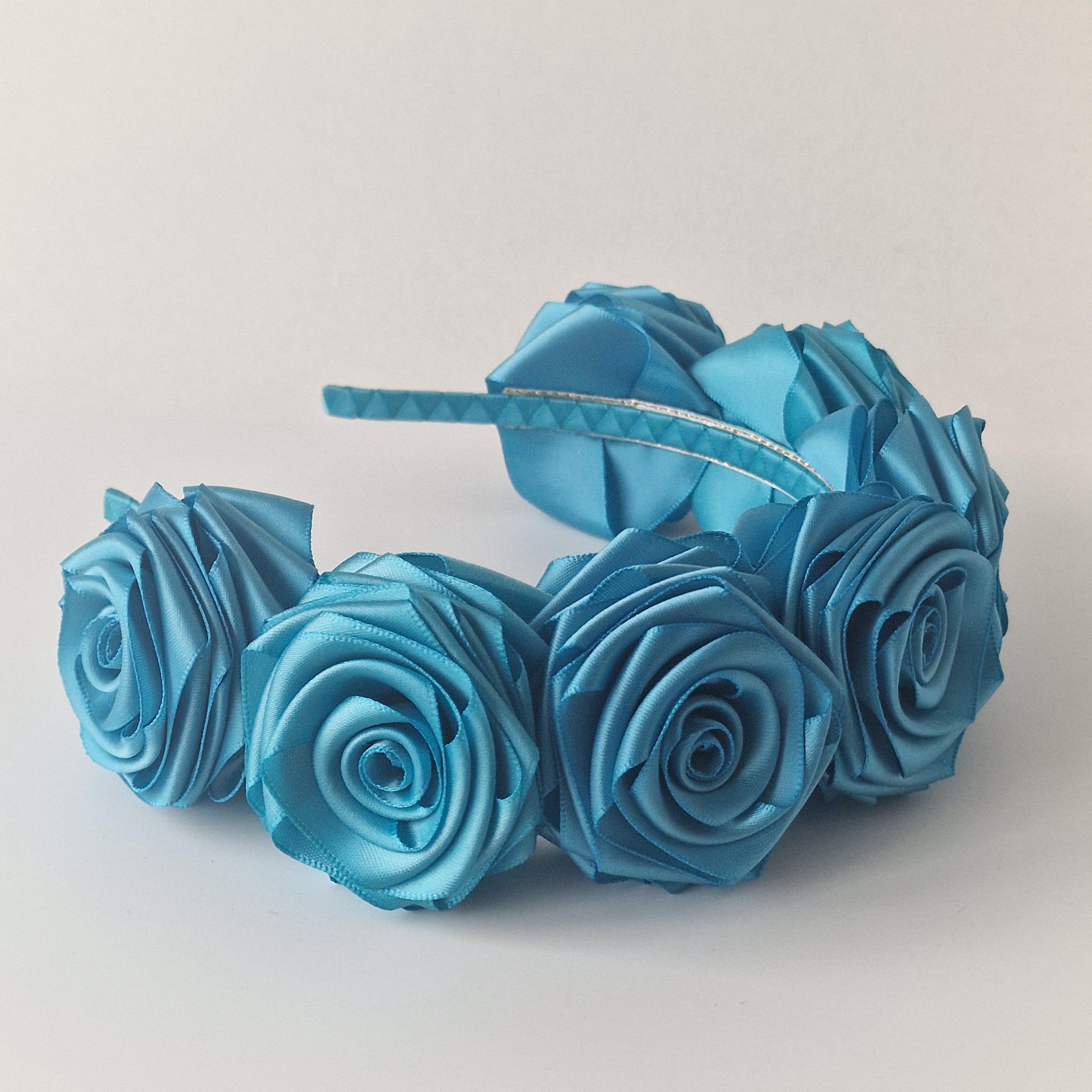 Turquoise Headband and rose flower set. Handmade Turquoise Satin Rose Headband.aqua-blue Floral Girl  main image 3