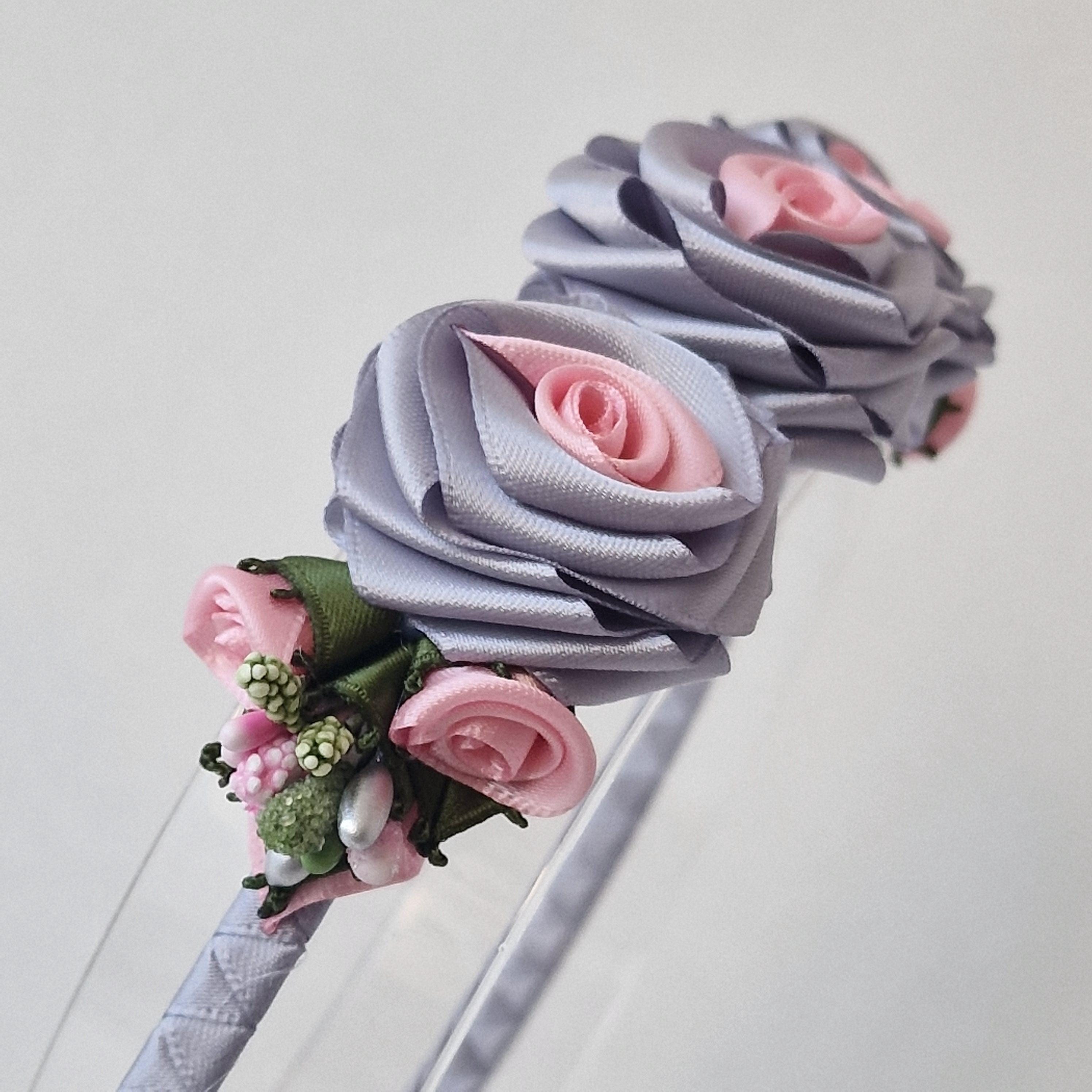 New fashion headband of rolled gray and pink roses Handmade Grey & Pink Satin Rose Headband. - Etsy main image 3