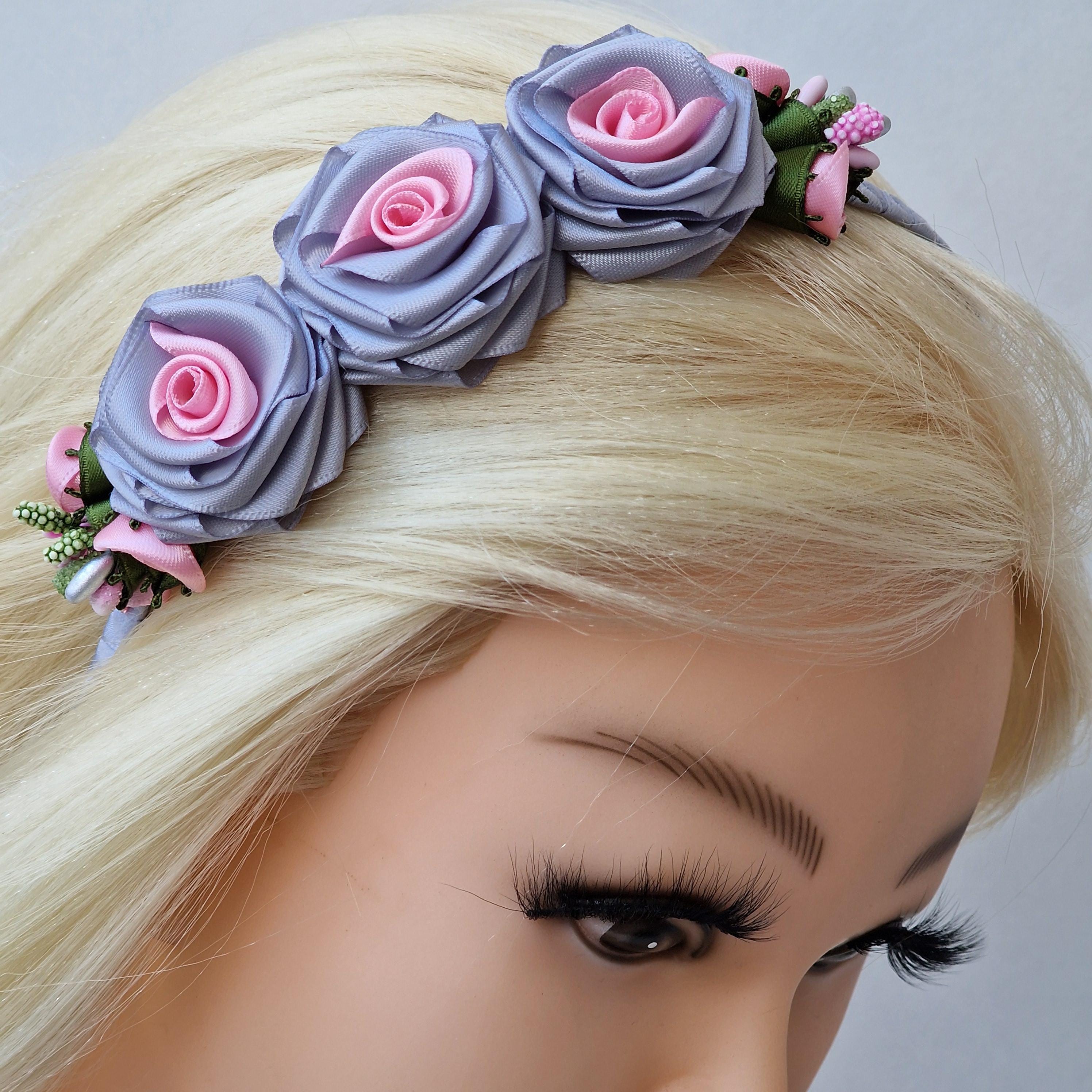 Handmade Grey & Pink Satin Rose Headband. - Etsy display picture 3