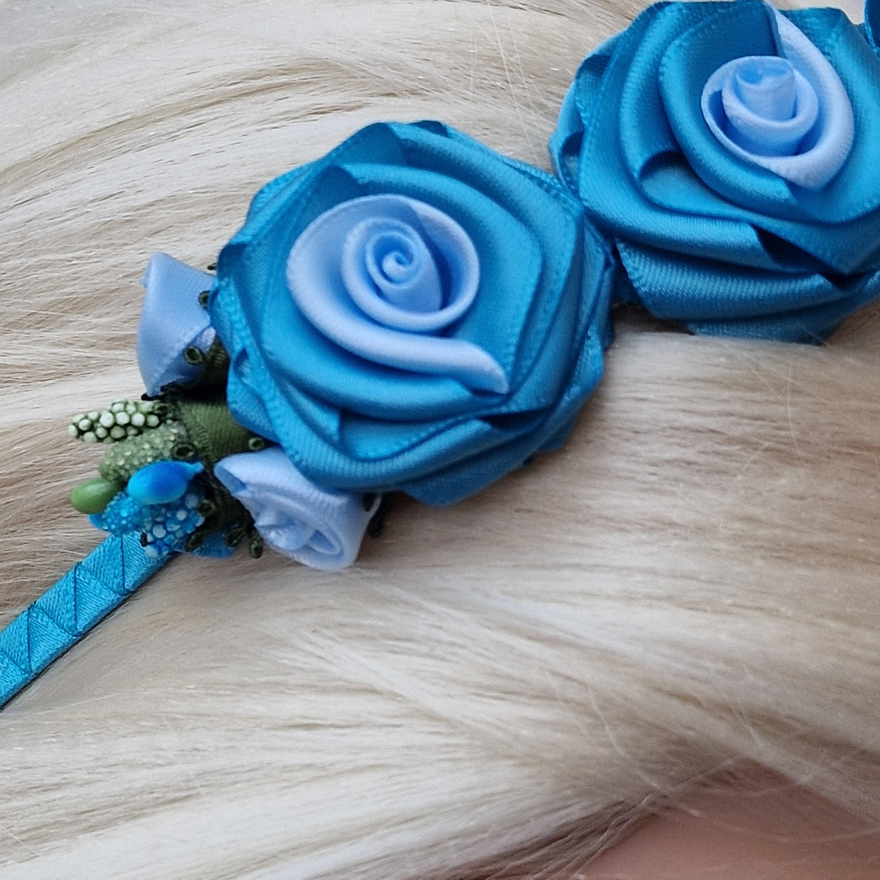 Turquoise Headband and rose flower set. Handmade Turquoise Satin Rose Headband.aqua-blue Floral Girl  main image 4