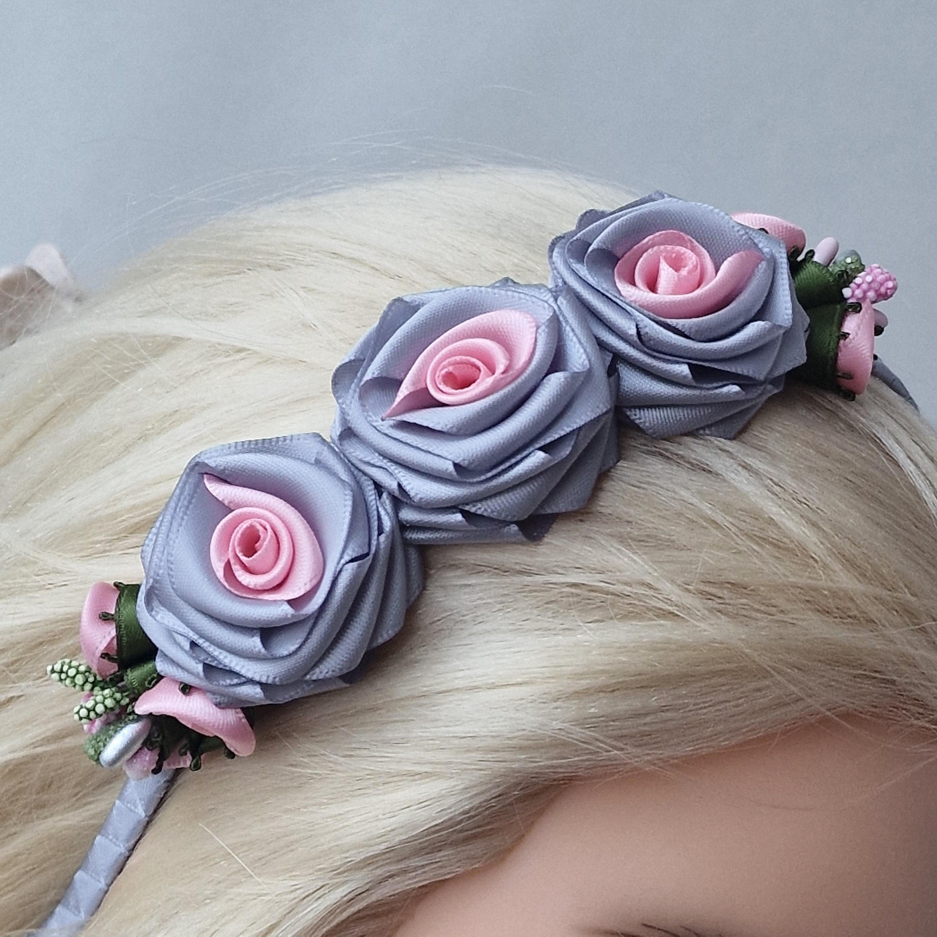 New fashion headband of rolled gray and pink roses Handmade Grey & Pink Satin Rose Headband. - Etsy main image 2