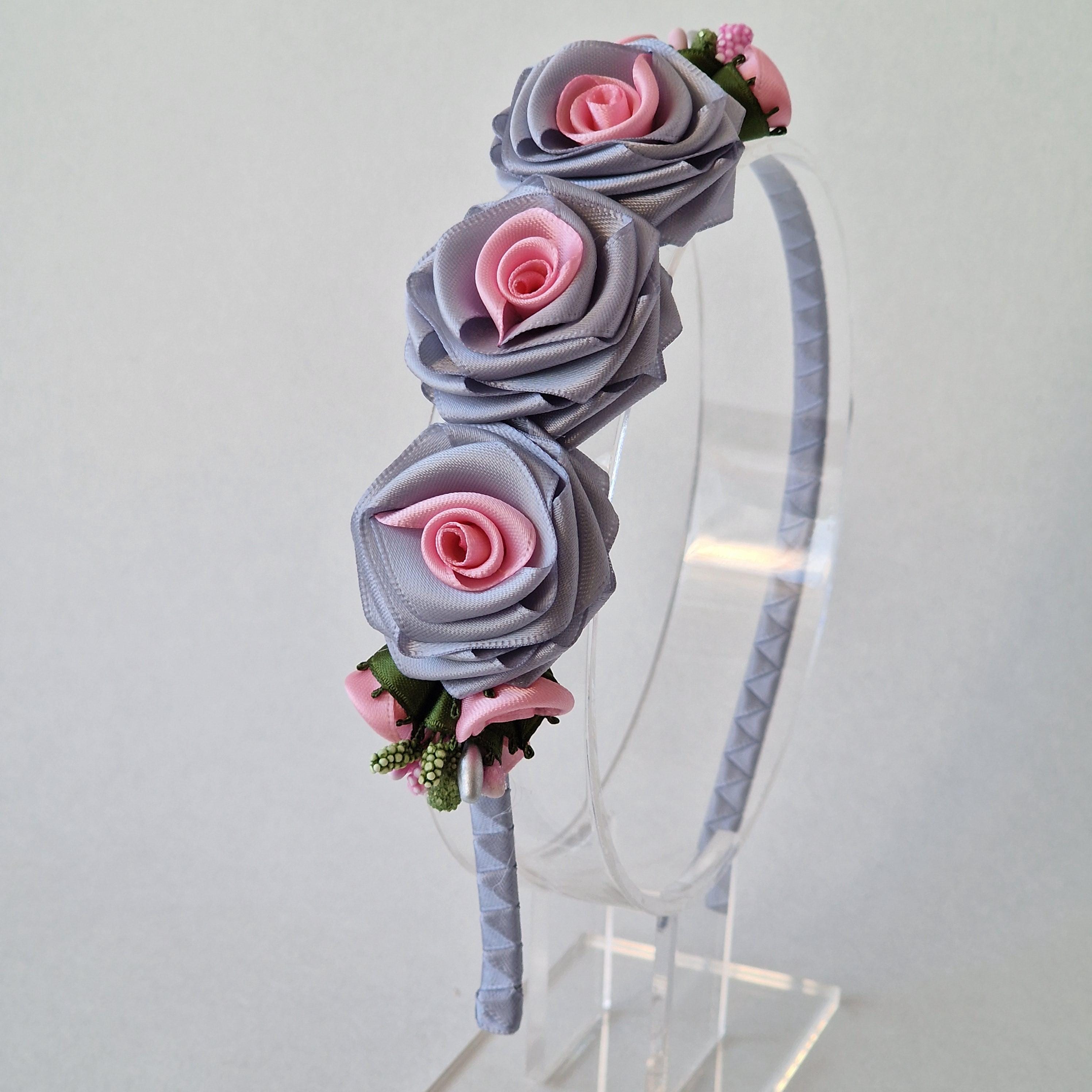 Handmade Grey & Pink Satin Rose Headband. - Etsy