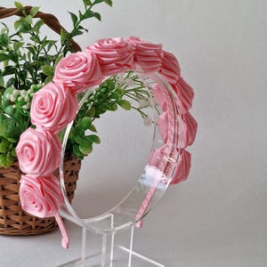 Diadema con flores rosas, diadema con flores rosas para niña, diadema con corona de flores rosas, diadema rosa para niña, diadema con rosas de satén rosa