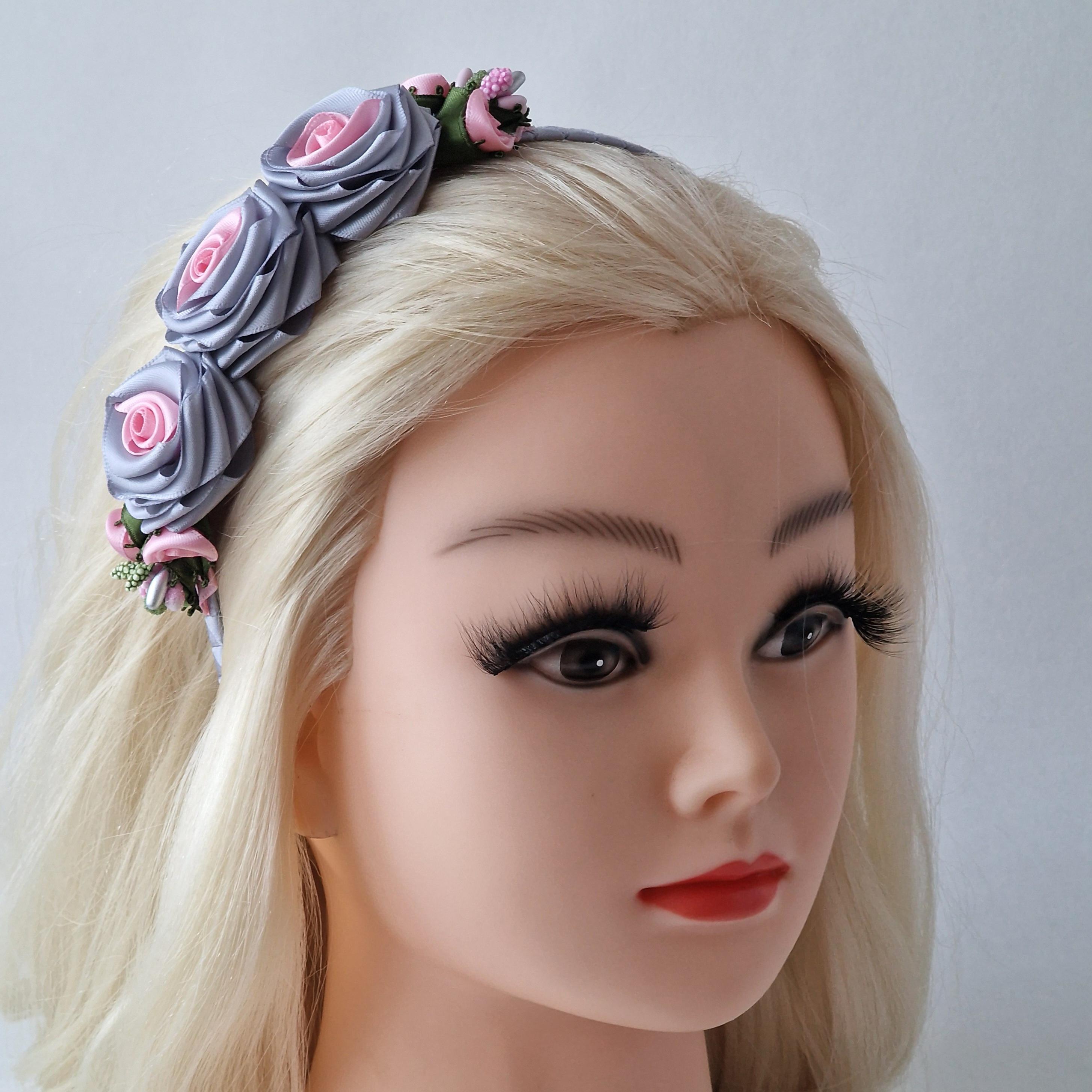 Handmade Grey & Pink Satin Rose Headband. - Etsy display picture 2