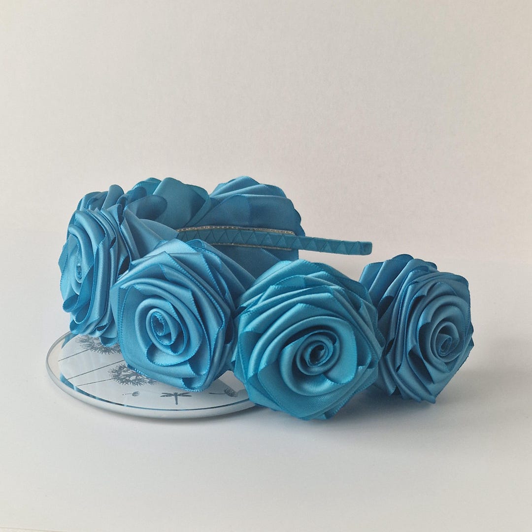 Turquoise Headband and rose flower set. Handmade Aqua Blue Satin Rose Headband.turquoise Floral  main image 3
