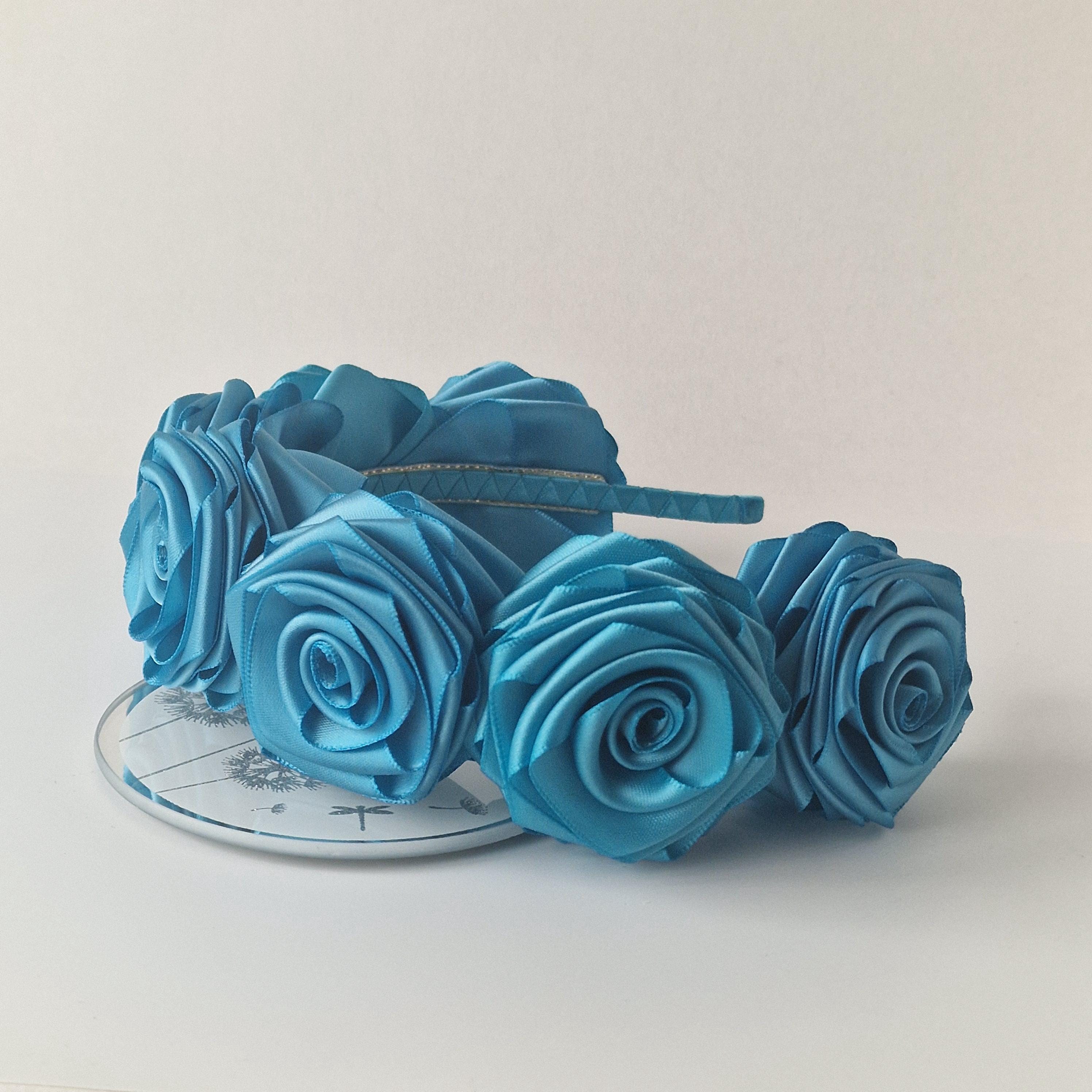 Handmade Aqua Blue Satin Rose Headband.turquoise Floral 