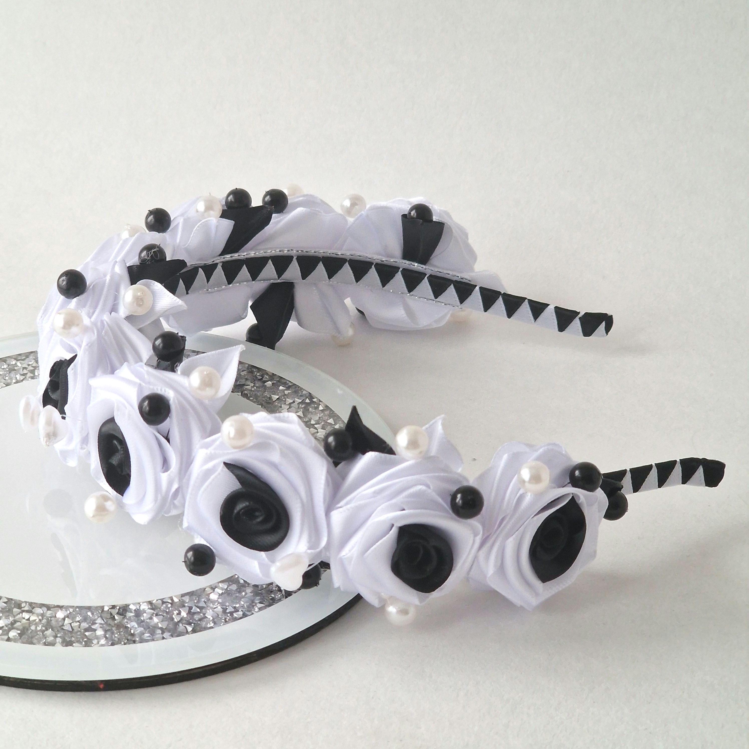 Handmade Black & White Satin Rose Headband.flower Girl Crown  display picture 3