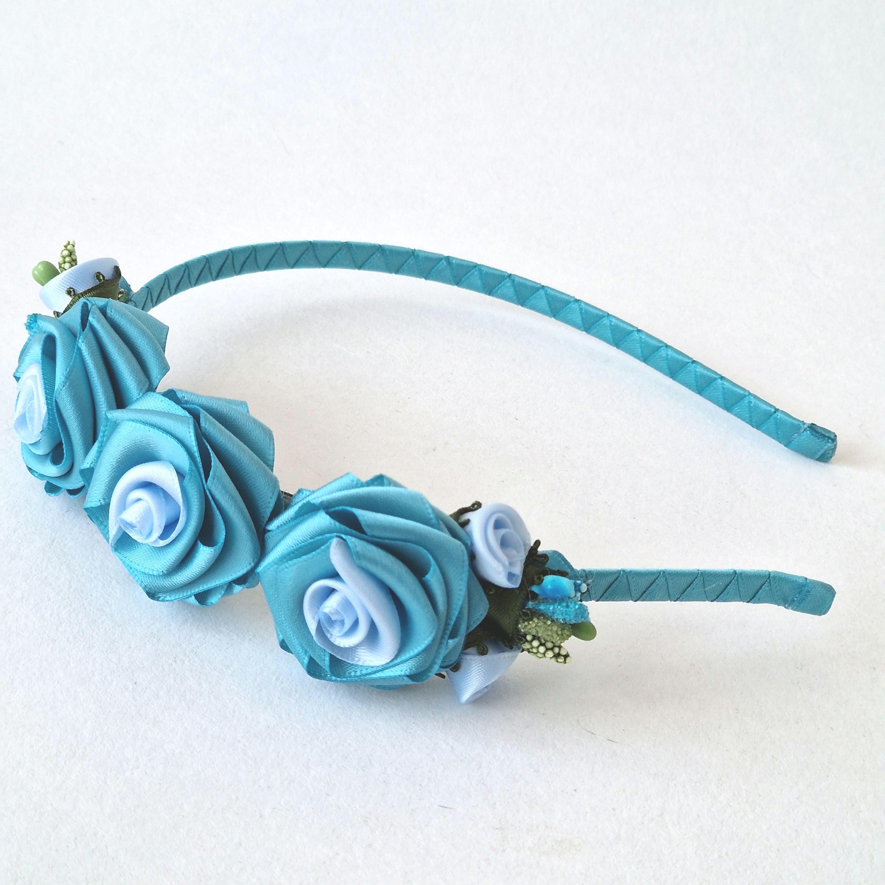 Handmade Turquoise Satin Rose Headband.aqua-blue Floral Girl  display picture 3