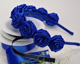 Royal blue satin roses hairband, Royal blue headband, Royal blue hair accessories ,Handmade