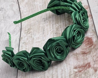 Green satin roses headband, Green hairband for girls,Emerald green headband,Hair band Handmade