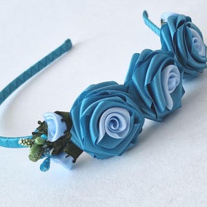 Turquoise satin roses headband. Aqua-blue floral headband. Turquoise flower girl headband. Turquoise headband with flower. Turquoise flower