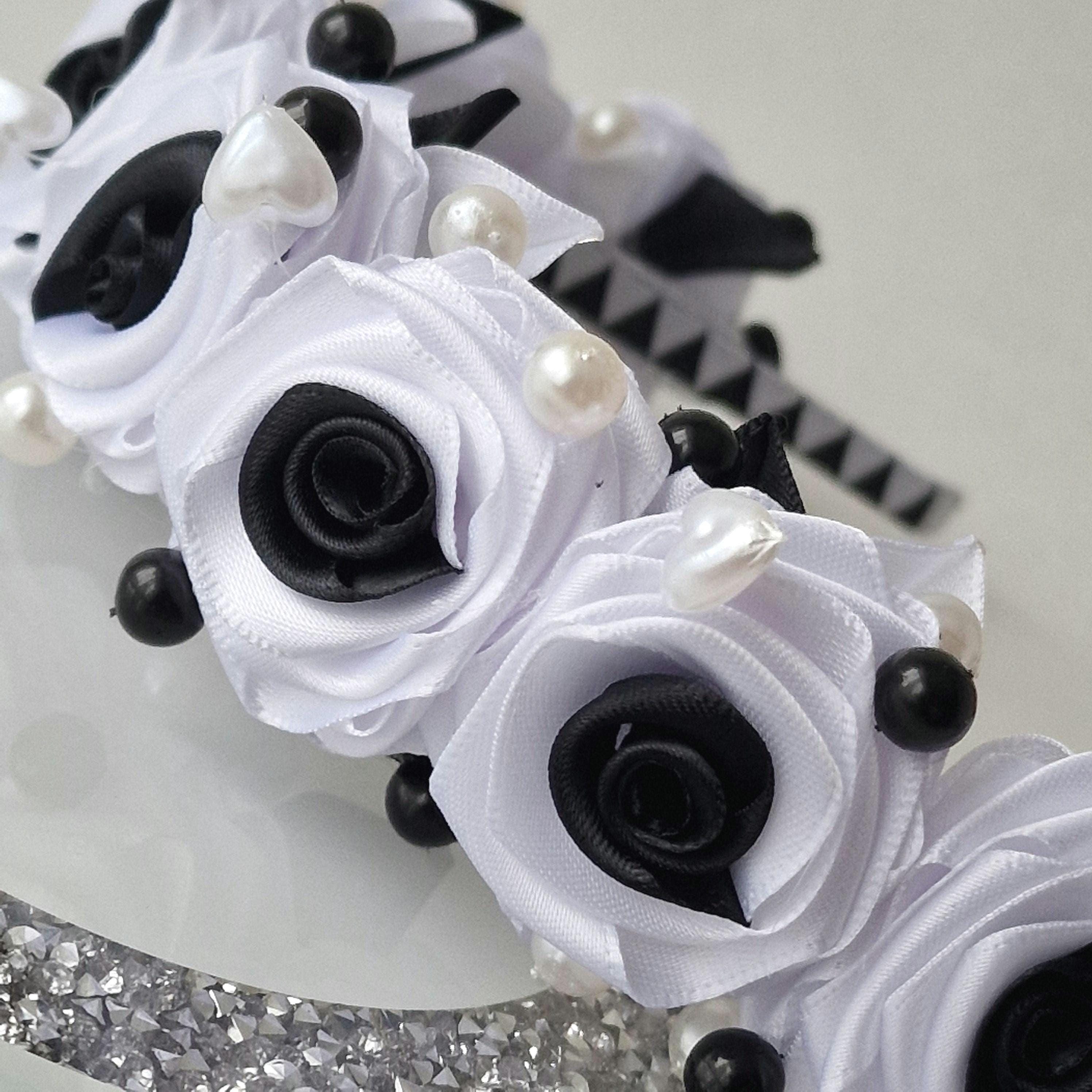 Adjustable Cream & Black Rose Headband w/ White Charm Amazon.com: ShariRose White Floral Lace Headband for Women  main image 2