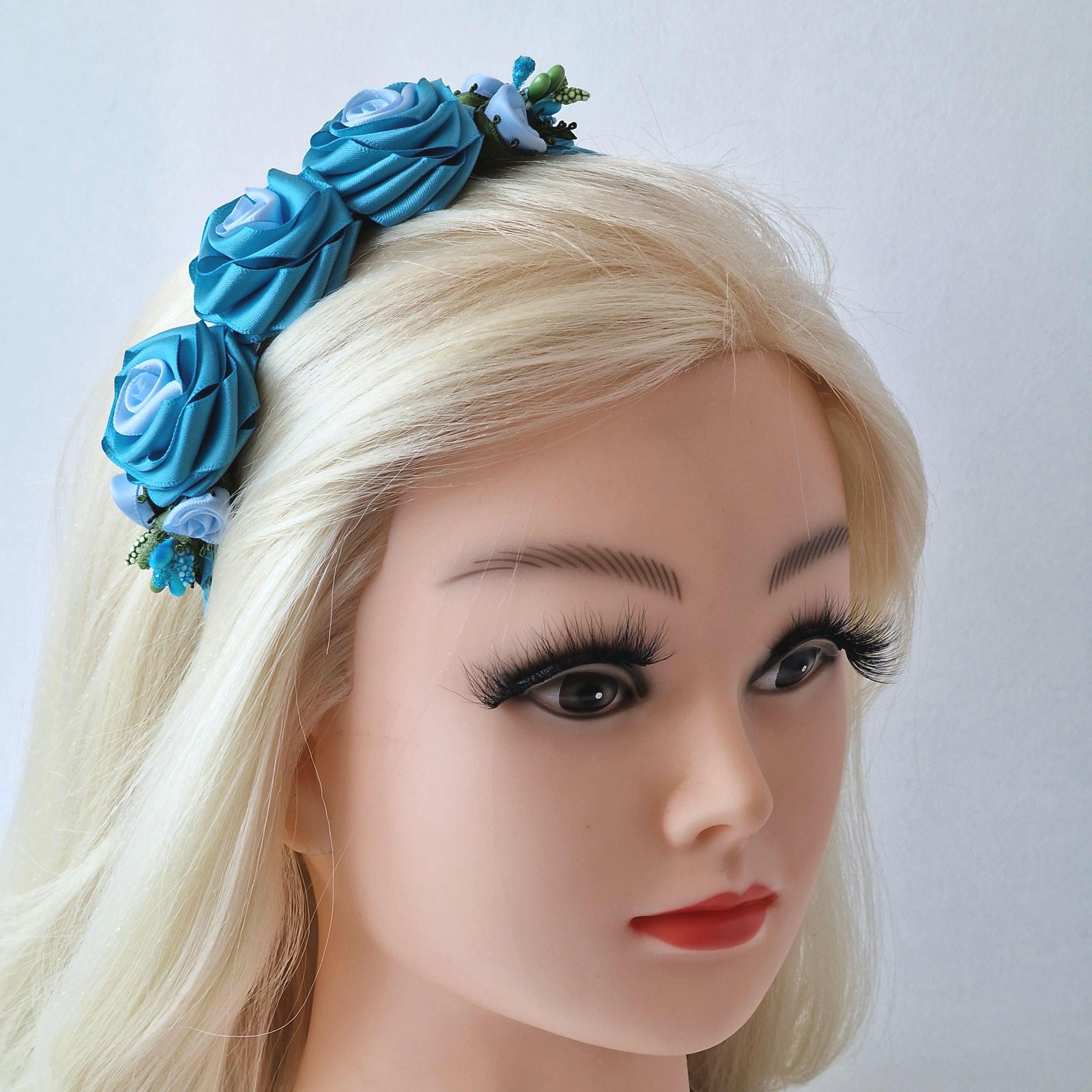 Handmade Turquoise Satin Rose Headband.aqua-blue Floral Girl 