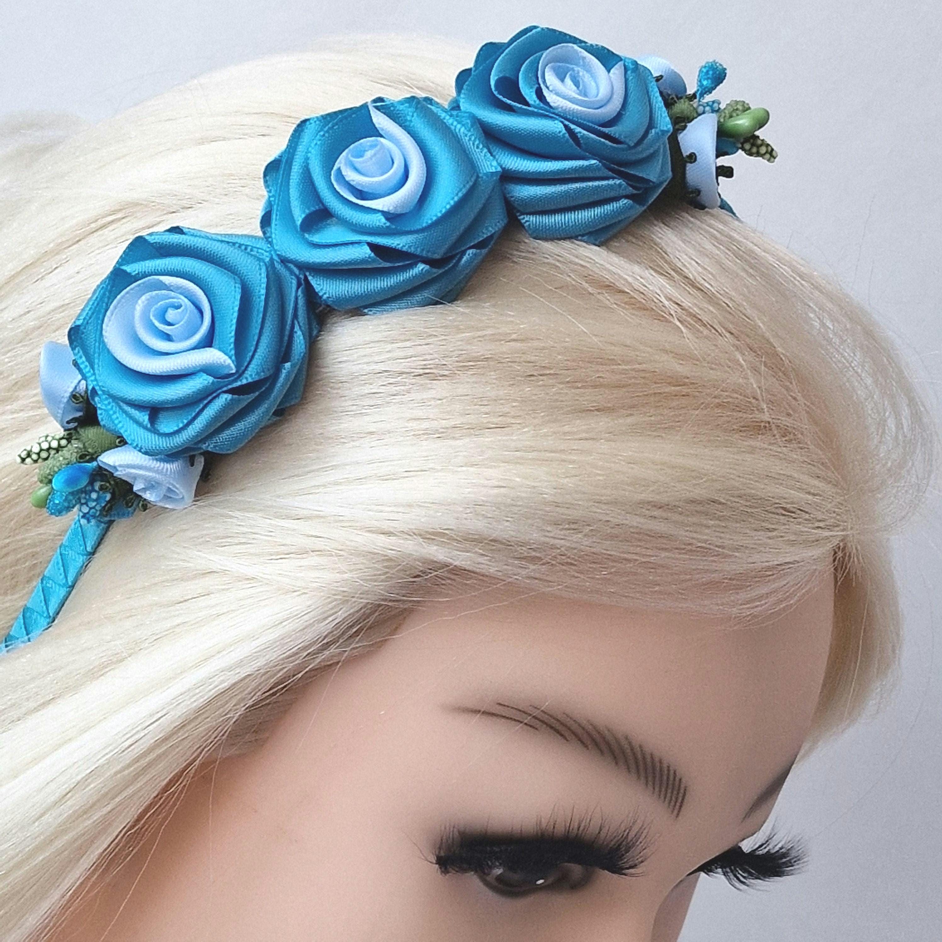Turquoise Headband and rose flower set. Handmade Aqua Blue Satin Rose Headband.turquoise Floral  main image 2