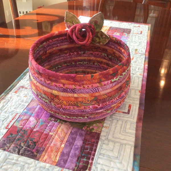 Fabric Coiled Rope Bowl - Pink Peach Rose Batik Colors