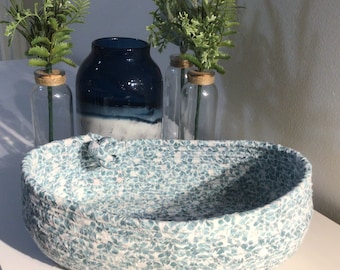 Blue Fabric Coiled Rope Bowl - Bread Basket - Doll Bed with Napkin