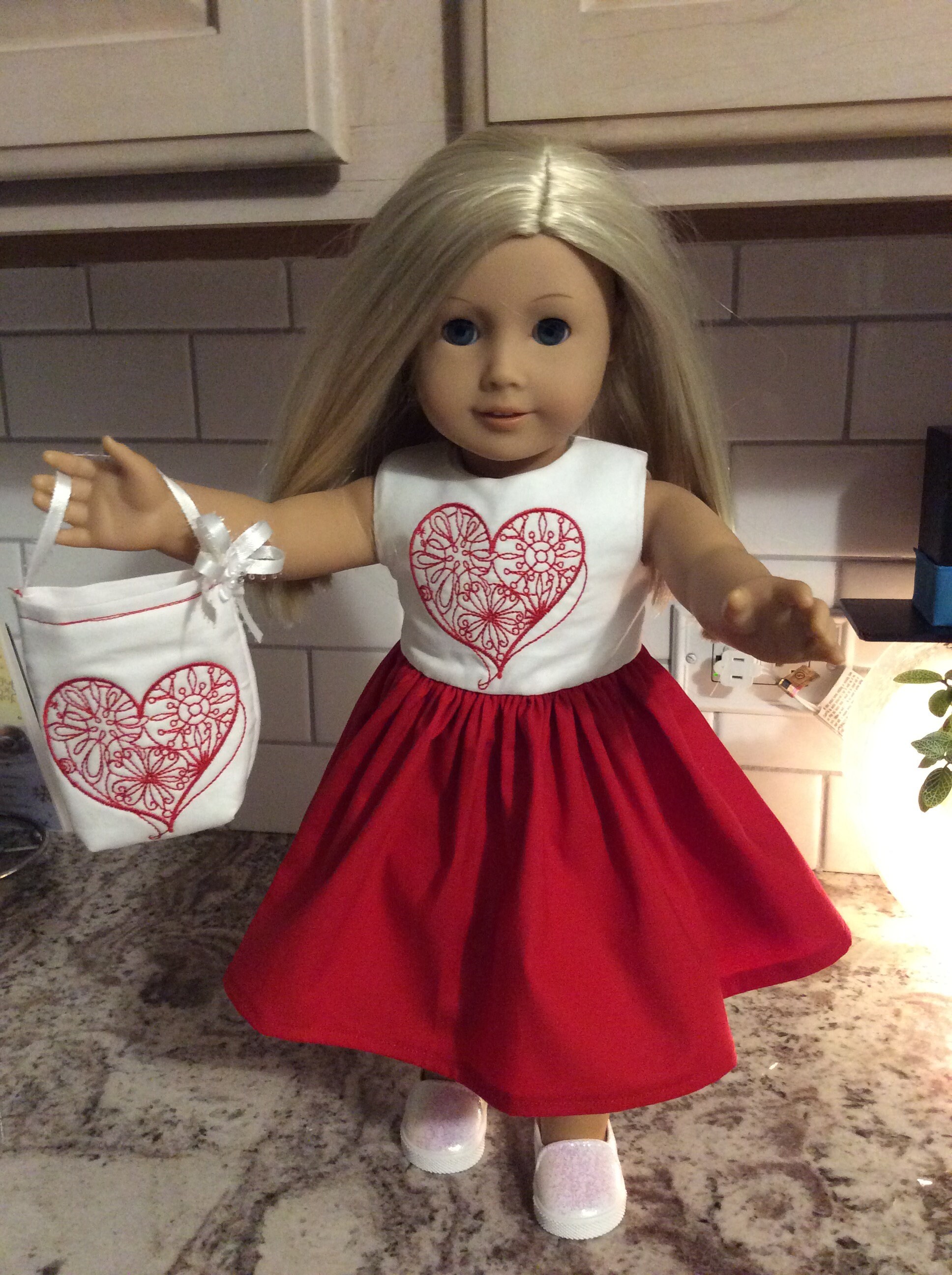 american girl red dress American Girl Doll Clothes - Valentine's Day Embroidered Dress & Bag