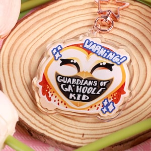 Puede incluir: Un llavero de acrílico colorido con un búho de dibujos animados con el texto "WARNING! GUARDIANS OF GA'HOOLE KID". El llavero está sobre una superficie de madera con tulipanes rosas en el fondo.