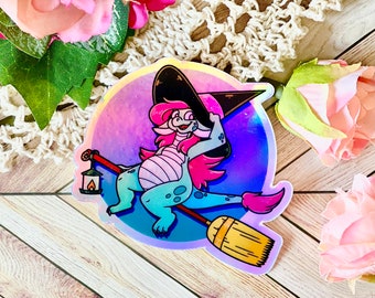 Holographic Dragon Witch Vinyl Sticker: Kawaii Goth Halloween